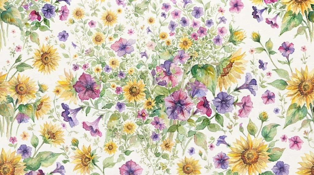 Watercolor garden of petunias and sunflowers painted by Rylee